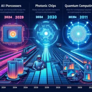 A visually stunning infographic illustrating the evolution of computing technologies from AI processors to photonic chips and quantum computing. The futuristic design features neon-lit circuit paths, data visualizations, and sci-fi-inspired elements representing technological advancements from 2024 to beyond